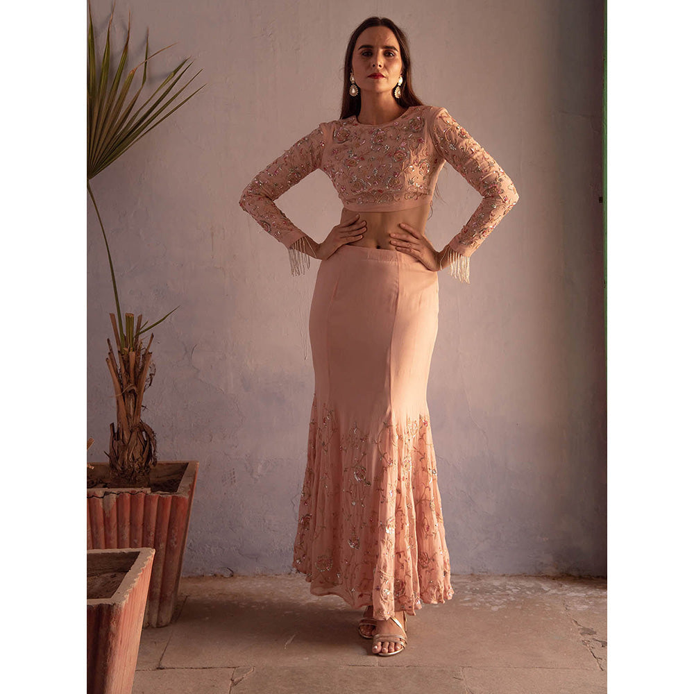 Apeksha Jain Label Powder Pink Fishtale Skirt with Cop Top (Set of 2)