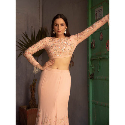 Apeksha Jain Label Powder Pink Fishtale Skirt with Cop Top (Set of 2)