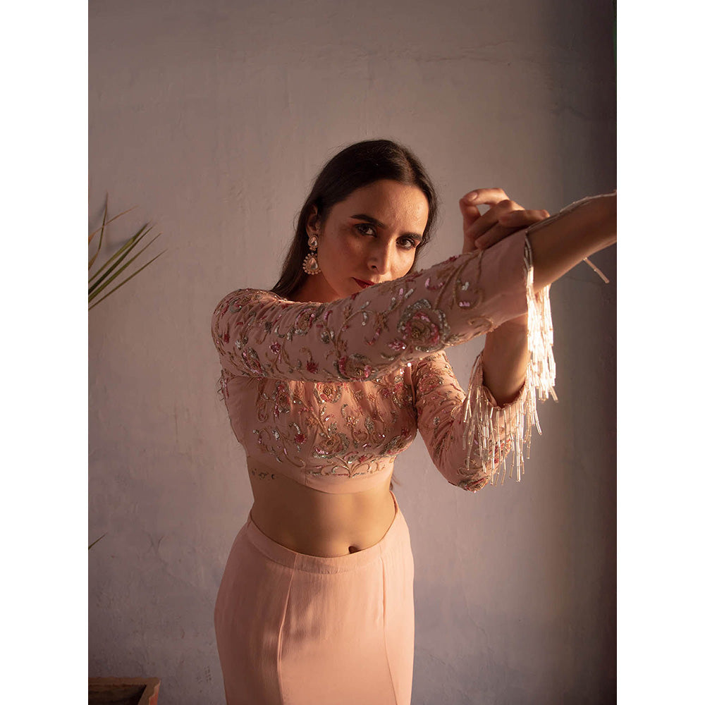 Apeksha Jain Label Powder Pink Fishtale Skirt with Cop Top (Set of 2)