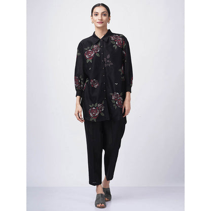 ARCVSH by Pallavi Singh Multi Rose Print Black Shirt with Pants & Slip (Set of 3)