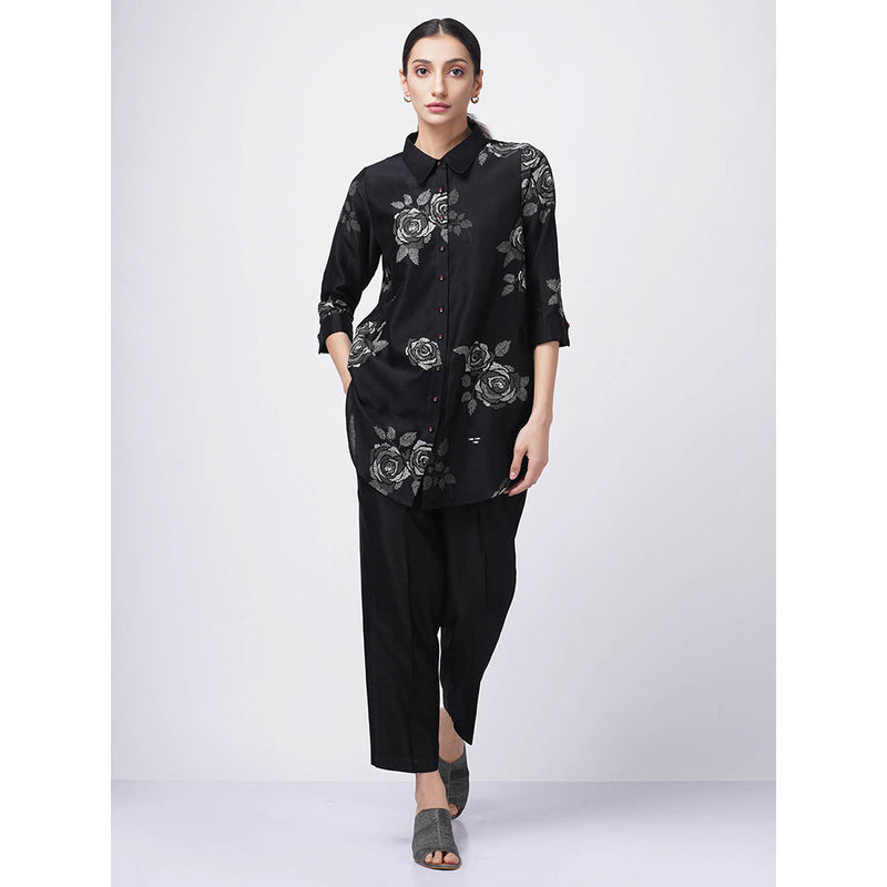 ARCVSH by Pallavi Singh Monochrome Rose Print Black Shirt with Pants with Slip (Set of 3)