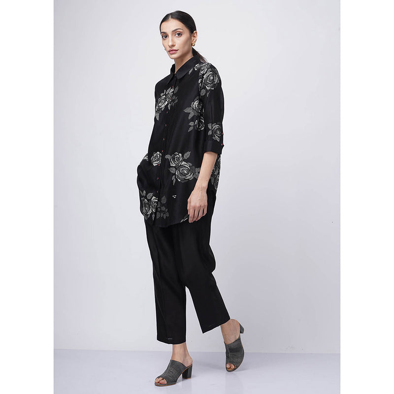 ARCVSH by Pallavi Singh Monochrome Rose Print Black Shirt with Pants with Slip (Set of 3)