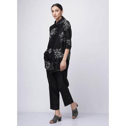 ARCVSH by Pallavi Singh Monochrome Rose Print Black Shirt with Pants with Slip (Set of 3)