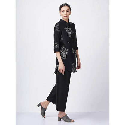 ARCVSH by Pallavi Singh Monochrome Rose Print Black Shirt with Pants with Slip (Set of 3)
