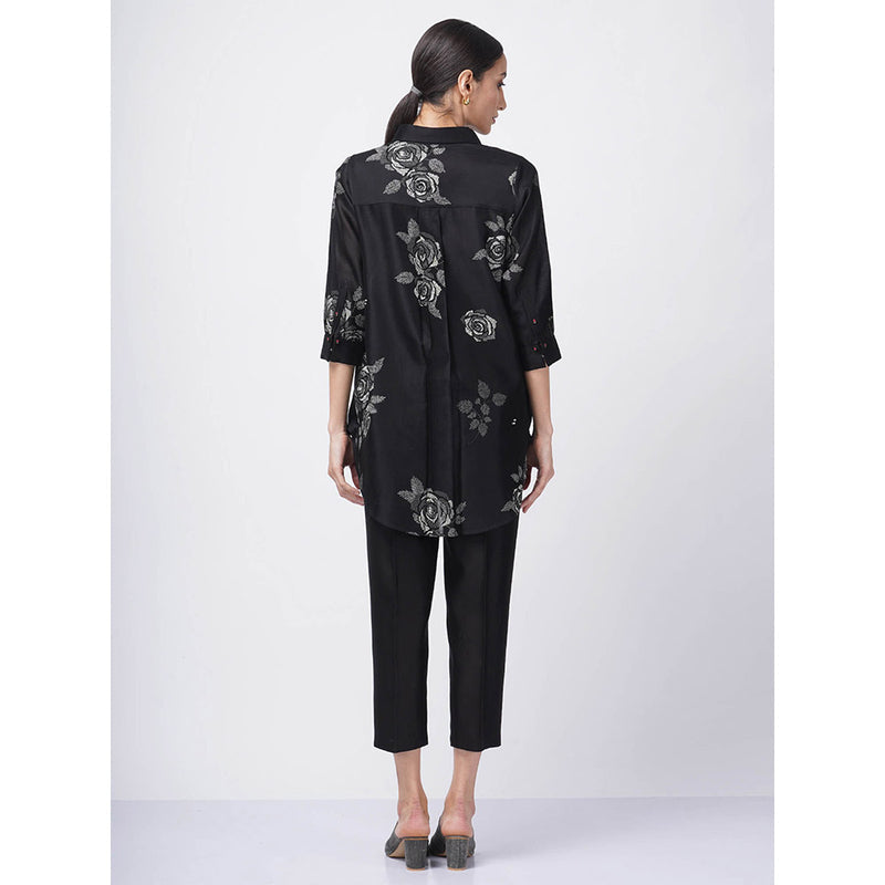 ARCVSH by Pallavi Singh Monochrome Rose Print Black Shirt with Pants with Slip (Set of 3)