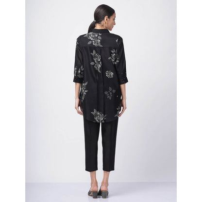 ARCVSH by Pallavi Singh Monochrome Rose Print Black Shirt with Pants with Slip (Set of 3)
