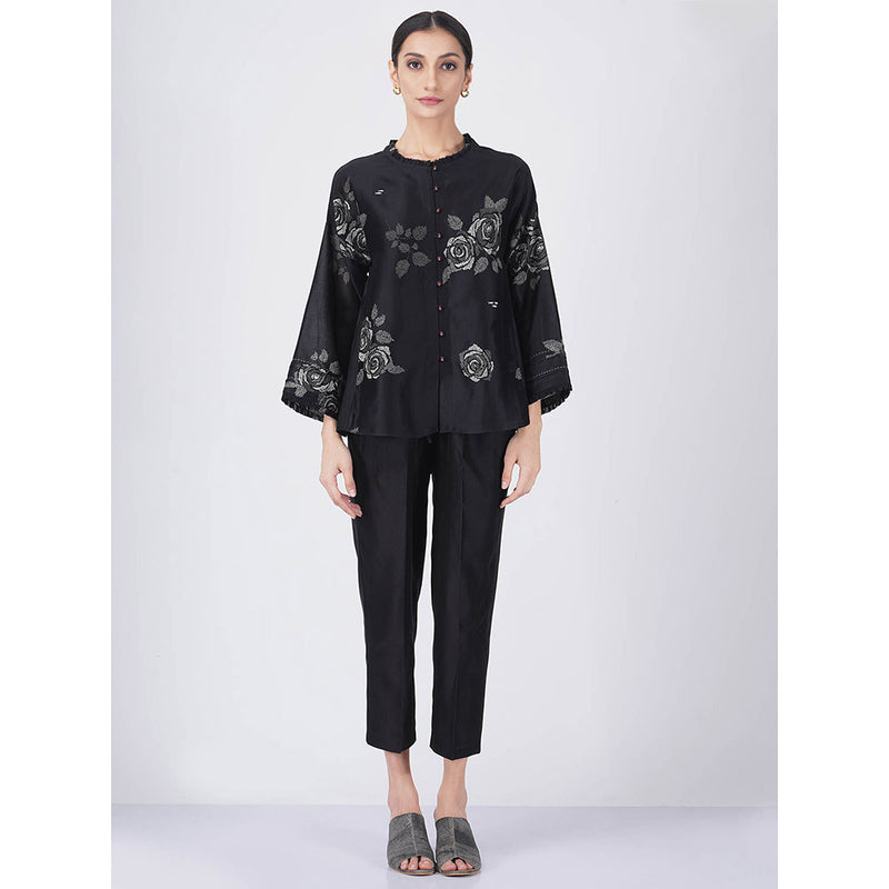 ARCVSH by Pallavi Singh Monochrome Rose Print Black Top with Pants & Slip (Set of 3)