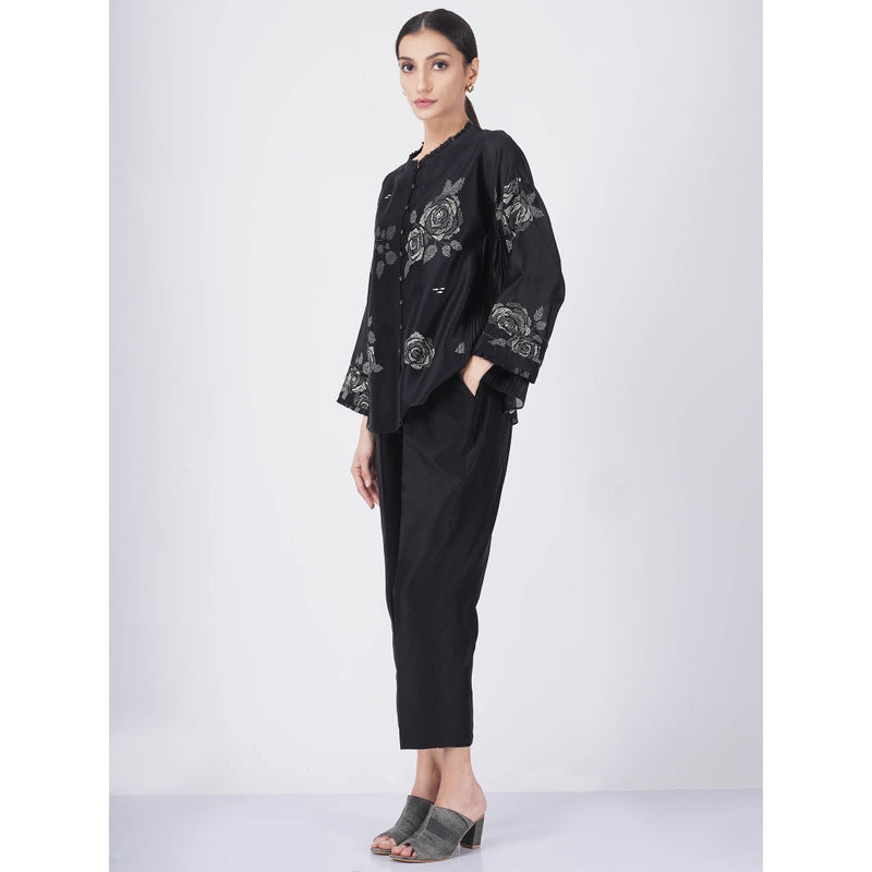 ARCVSH by Pallavi Singh Monochrome Rose Print Black Top with Pants & Slip (Set of 3)