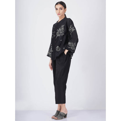ARCVSH by Pallavi Singh Monochrome Rose Print Black Top with Pants & Slip (Set of 3)