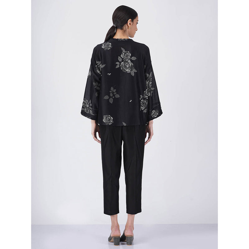 ARCVSH by Pallavi Singh Monochrome Rose Print Black Top with Pants & Slip (Set of 3)