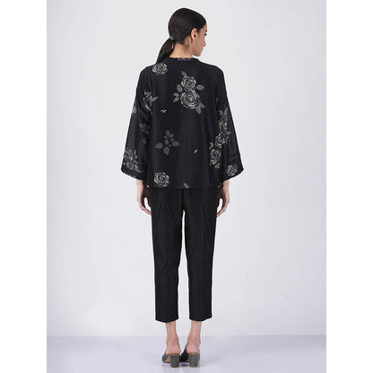 ARCVSH by Pallavi Singh Monochrome Rose Print Black Top with Pants & Slip (Set of 3)