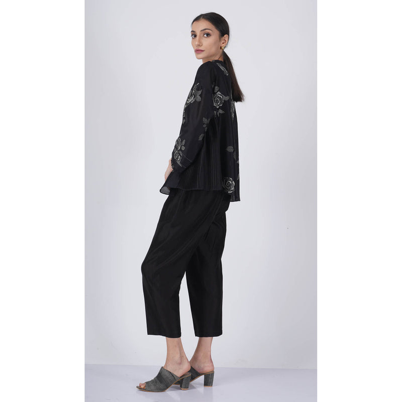 ARCVSH by Pallavi Singh Monochrome Rose Print Black Top with Pants & Slip (Set of 3)