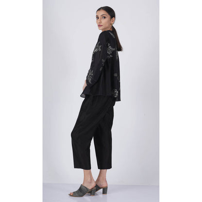 ARCVSH by Pallavi Singh Monochrome Rose Print Black Top with Pants & Slip (Set of 3)