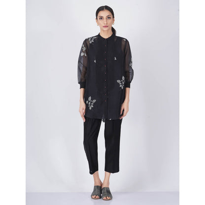 ARCVSH by Pallavi Singh Black Leaf Shirt with Pants & Slip (Set of 3)