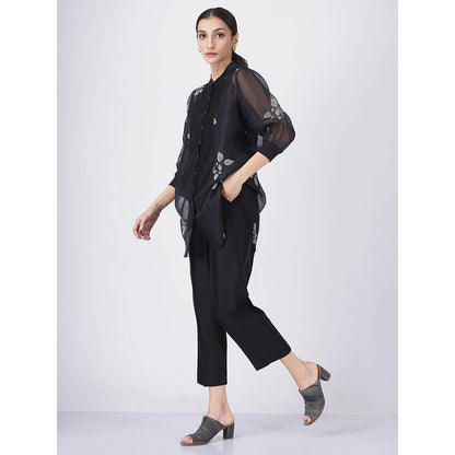 ARCVSH by Pallavi Singh Black Leaf Shirt with Pants & Slip (Set of 3)