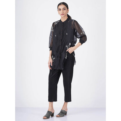 ARCVSH by Pallavi Singh Black Leaf Shirt with Pants & Slip (Set of 3)