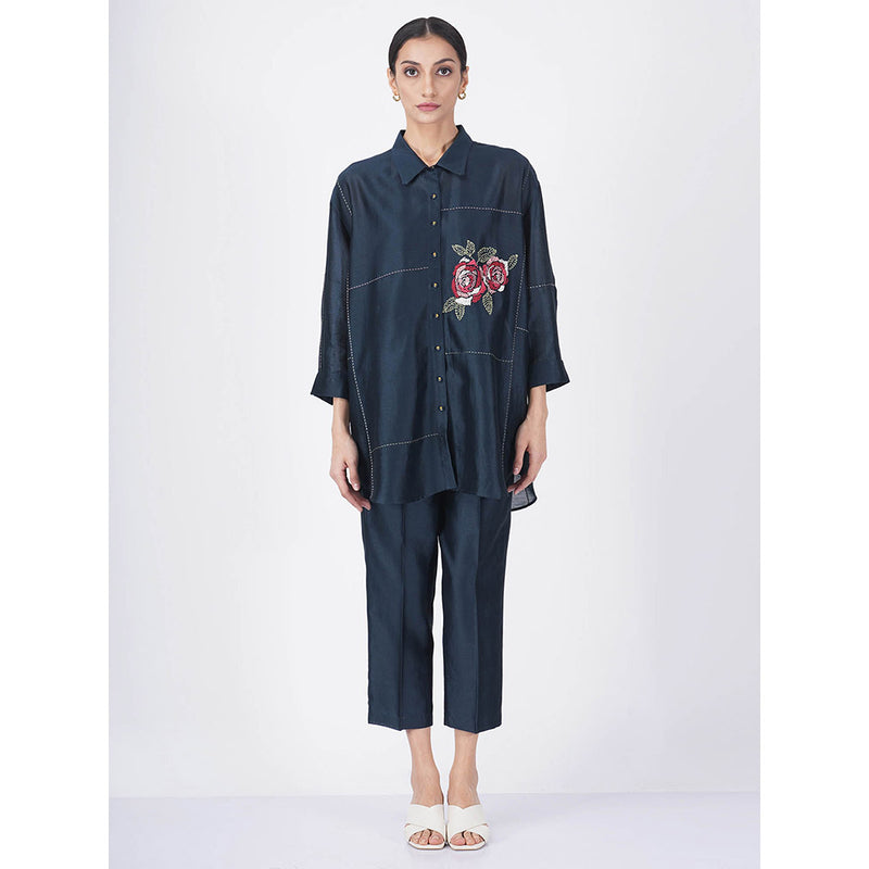 ARCVSH by Pallavi Singh Multi Rose Print Indigo Shirt with Pants & Slip (Set of 3)
