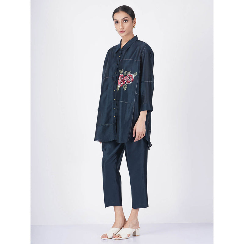 ARCVSH by Pallavi Singh Multi Rose Print Indigo Shirt with Pants & Slip (Set of 3)