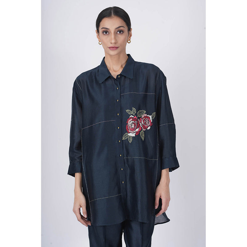 ARCVSH by Pallavi Singh Multi Rose Print Indigo Shirt with Pants & Slip (Set of 3)