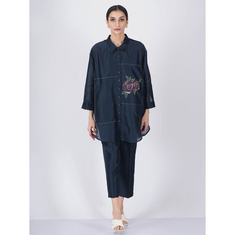 ARCVSH by Pallavi Singh Multi Rose Print Indigo Shirt with Pants & Slip (Set of 3)