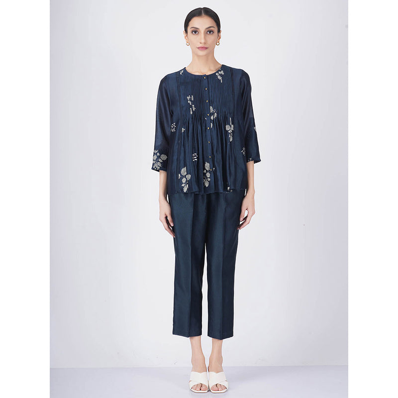 ARCVSH by Pallavi Singh Indigo Ivory Leaf Top with Pants & Slip (Set of 3)