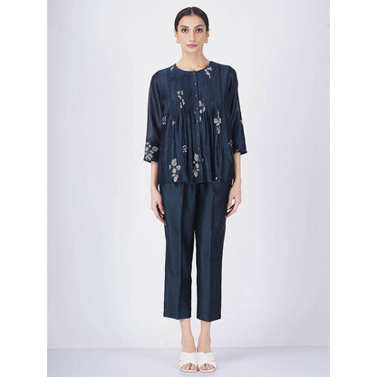 ARCVSH by Pallavi Singh Indigo Ivory Leaf Top with Pants & Slip (Set of 3)