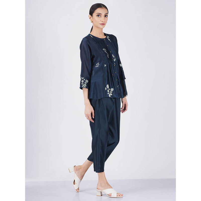 ARCVSH by Pallavi Singh Indigo Ivory Leaf Top with Pants & Slip (Set of 3)