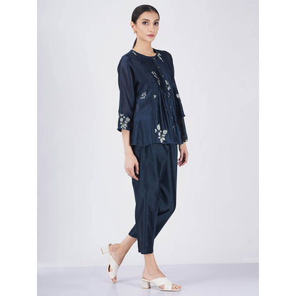 ARCVSH by Pallavi Singh Indigo Ivory Leaf Top with Pants & Slip (Set of 3)