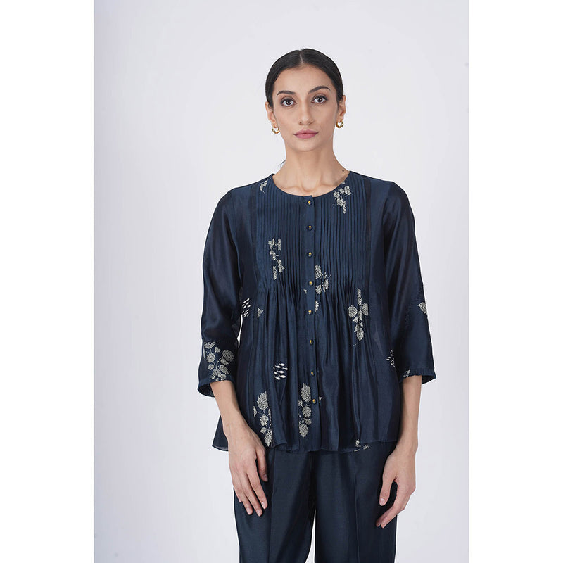 ARCVSH by Pallavi Singh Indigo Ivory Leaf Top with Pants & Slip (Set of 3)