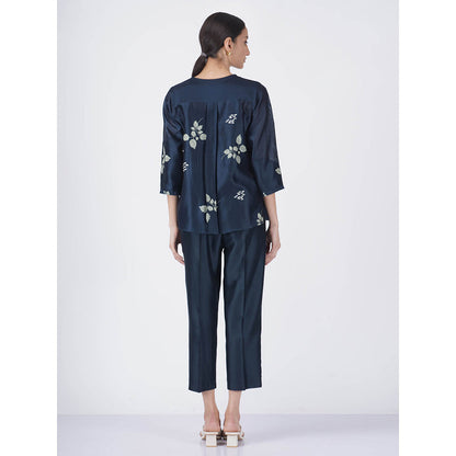 ARCVSH by Pallavi Singh Indigo Ivory Leaf Top with Pants & Slip (Set of 3)