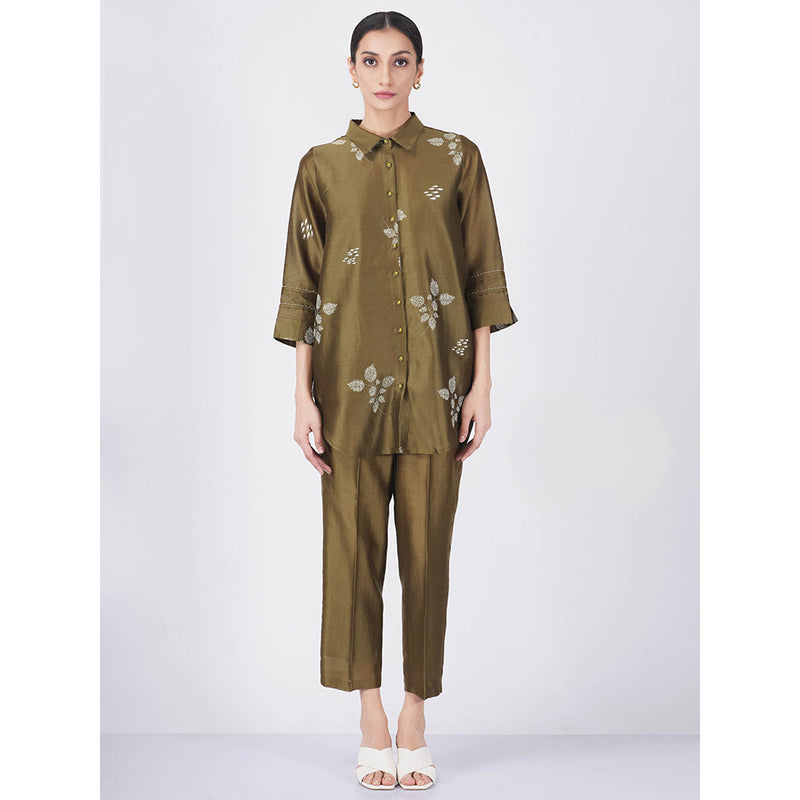 ARCVSH by Pallavi Singh Olive Leaf Shirt with Pants & Slip (Set of 3)
