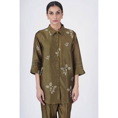 ARCVSH by Pallavi Singh Olive Leaf Shirt with Pants & Slip (Set of 3)