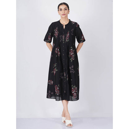 ARCVSH by Pallavi Singh Multi Rose Print Pleated Black Dress with Slip (Set of 2)