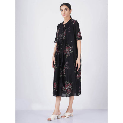 ARCVSH by Pallavi Singh Multi Rose Print Pleated Black Dress with Slip (Set of 2)