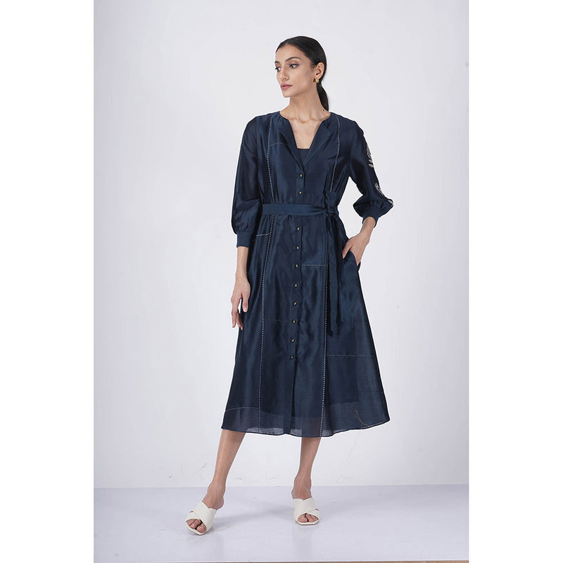 ARCVSH by Pallavi Singh Embroidered Sleeve Indigo Dress with Slip & Belt (Set of 3)