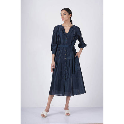 ARCVSH by Pallavi Singh Embroidered Sleeve Indigo Dress with Slip & Belt (Set of 3)