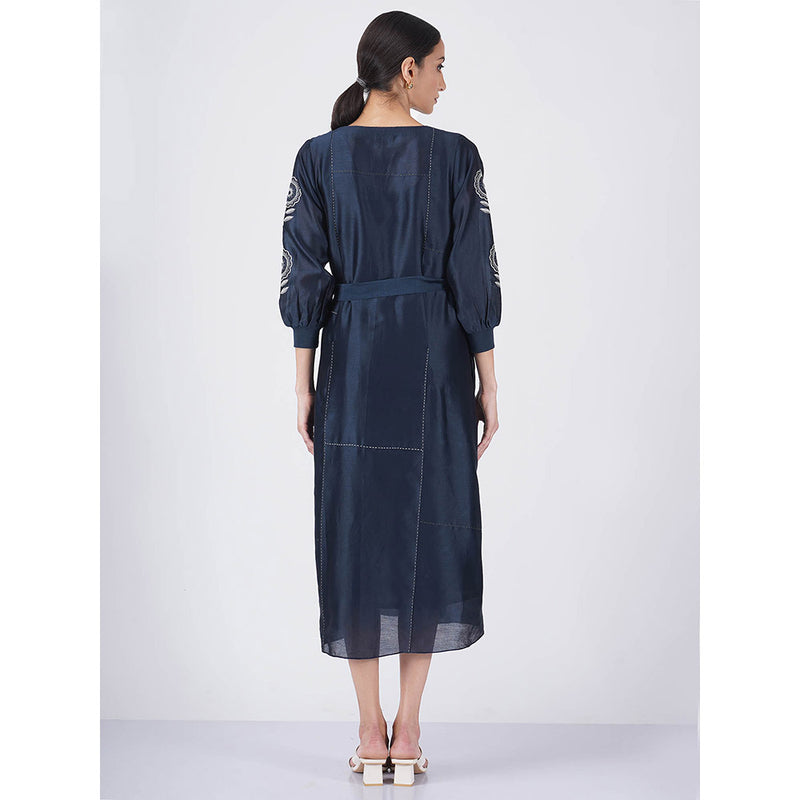 ARCVSH by Pallavi Singh Embroidered Sleeve Indigo Dress with Slip & Belt (Set of 3)