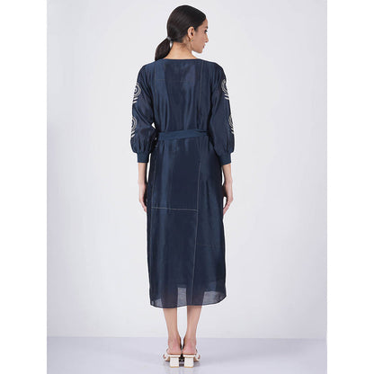 ARCVSH by Pallavi Singh Embroidered Sleeve Indigo Dress with Slip & Belt (Set of 3)
