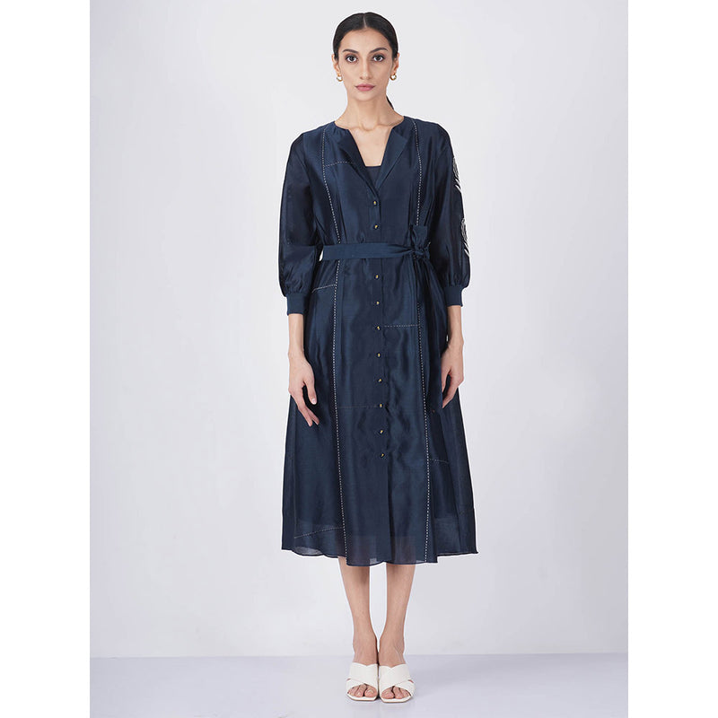 ARCVSH by Pallavi Singh Embroidered Sleeve Indigo Dress with Slip & Belt (Set of 3)