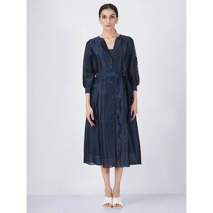 ARCVSH by Pallavi Singh Embroidered Sleeve Indigo Dress with Slip & Belt (Set of 3)