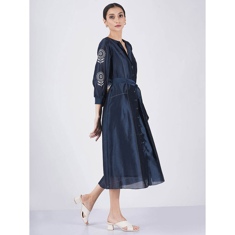 ARCVSH by Pallavi Singh Embroidered Sleeve Indigo Dress with Slip & Belt (Set of 3)