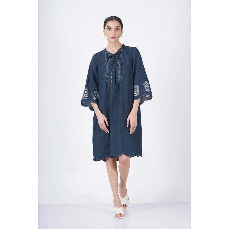 ARCVSH by Pallavi Singh Sunflower A-Line Indigo Dress with Slip (Set of 2)