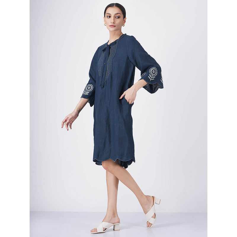 ARCVSH by Pallavi Singh Sunflower A-Line Indigo Dress with Slip (Set of 2)