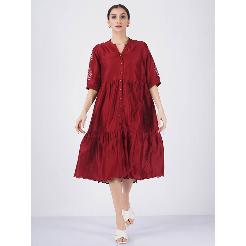ARCVSH by Pallavi Singh Sunflower Tiered Red Dress with Slip (Set of 2)