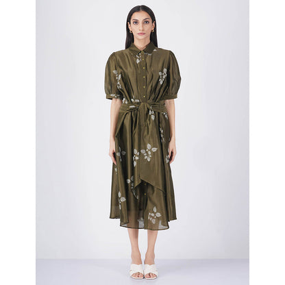 ARCVSH by Pallavi Singh Olive Leaf Print Puff Sleeve Dress with Slip (Set of 2)