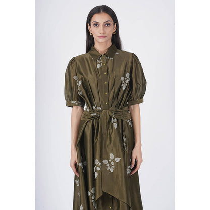 ARCVSH by Pallavi Singh Olive Leaf Print Puff Sleeve Dress with Slip (Set of 2)