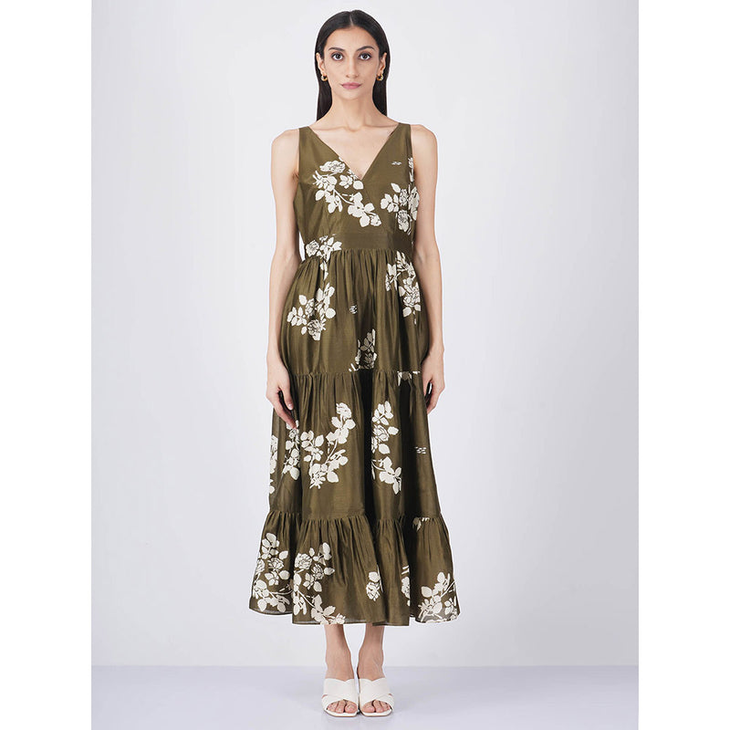 ARCVSH by Pallavi Singh Olive Ivy Petal Print Tiered Dress with Slip (Set of 2)