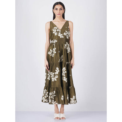 ARCVSH by Pallavi Singh Olive Ivy Petal Print Tiered Dress with Slip (Set of 2)