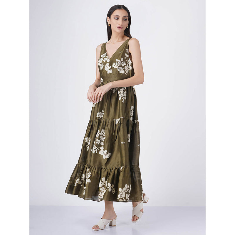 ARCVSH by Pallavi Singh Olive Ivy Petal Print Tiered Dress with Slip (Set of 2)
