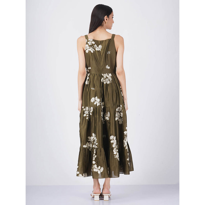 ARCVSH by Pallavi Singh Olive Ivy Petal Print Tiered Dress with Slip (Set of 2)